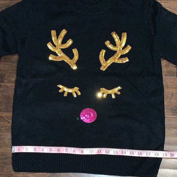BRAND NEW Black Christmas Gold Pink Sequin Rudolph Reindeer Sweater - Picture 6 of 11